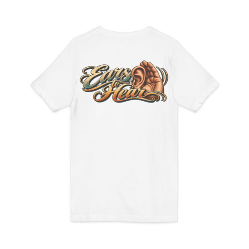 Eyes See Ears Hear Eye-Catching V-Neck Tee Front and Back